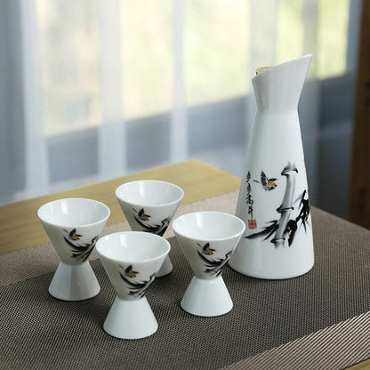 Cawan sake set wain sejuk seramik antik cetak sake desa set klasik dengan peralatan rumah wijnglazen yang lebih hangat