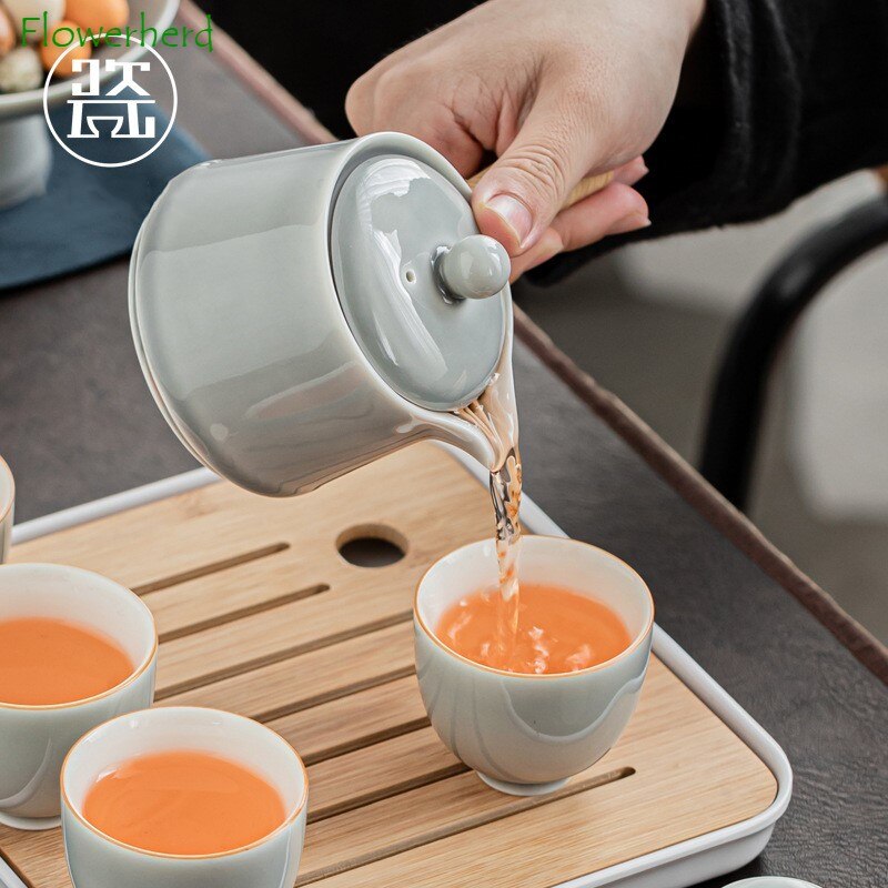 Eisgrau glasiertes Kung-Fu-Teeset für Zuhause und Büro, Keramik-Teekanne mit Henkel, Teetasse, Teetablett, Pflanzengrau, Teekanne und Tassen-Set, luxuriöses Tee-Set