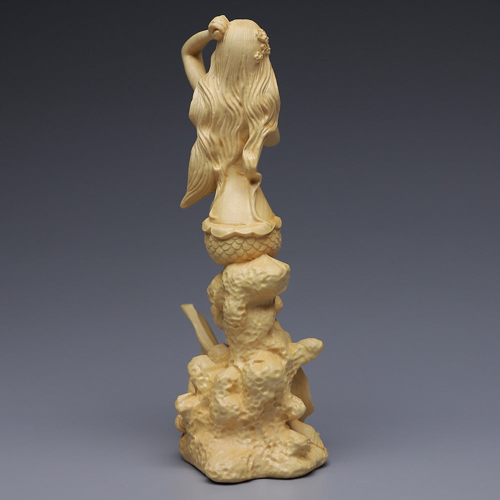 Handgeschnitzte Meerjungfrau-Statue aus Holz, moderne Kunstskulptur, niedliche Wohndekorationsaccessoires, Figuren aus massivem Holz 