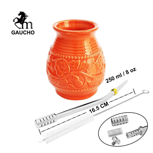1 PC/Lot Yerba Mate Cups Ceramic Gourds 250 ml Emboss Calabash Pattern Inkluder Bombilla Filter Straw Cleaning Brush
