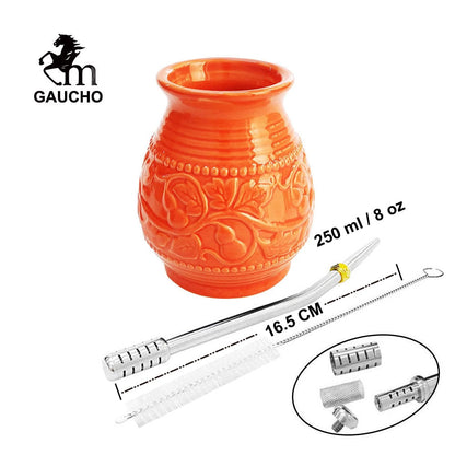 1 PC/Lot Yerba Mate Cups Ceramic Gourds 250 ml Emboss Calabash Mönster Inkludera Bombilla Filter Straw Cleaning Brush