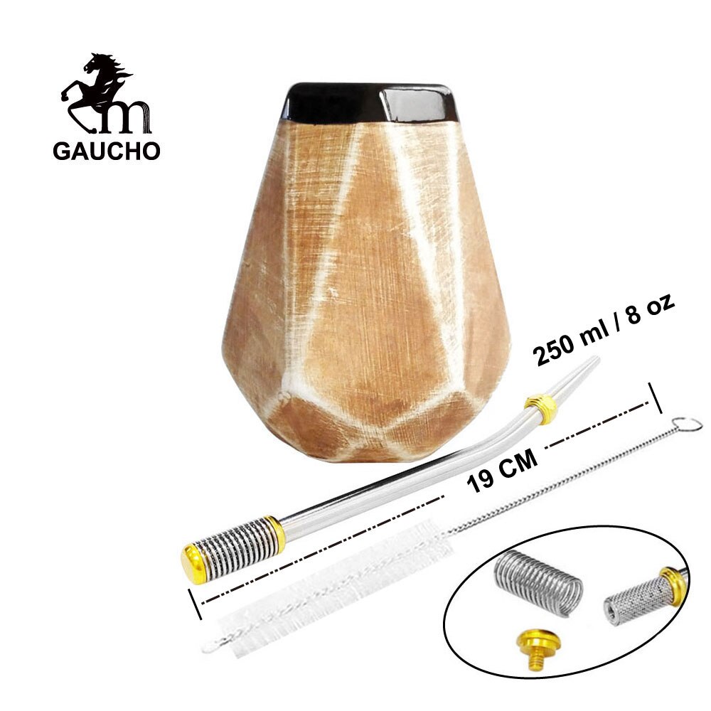 1 PC/Lot Gaucho Yerba Mate Gourds Ceramic Calabash Cups 250 ml med filterstråbombilla og rengjøringsbørste