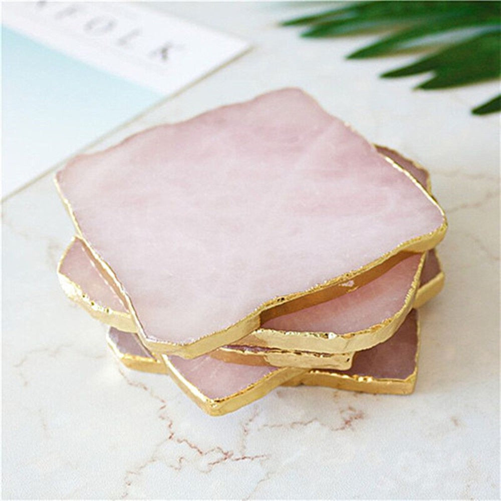 Engros 1PCS Natural Rose Quartz Coaster Hexagon Crystal Platter Electroplated Gold Color Jewelry For Cup Mat Display