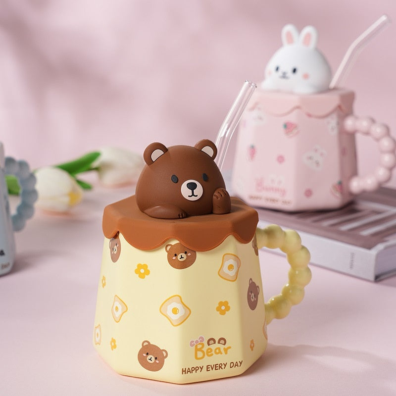 Taza de cerámica de dibujos animados de dibujos animados con tapa con cubierta y paja de alto color taza de agua de cerámica taza de leche para té de té copa cola set