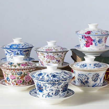 350 ml Ceramika o dużej pojemności Gajwan Tea Cup Chińskie filiżanki herbaty Zupa z pokrywką Lotus ręcznie rysunek porcelanowy gaiwan do podróży