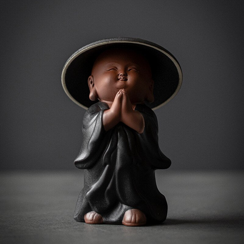 Figurines miniatures de moines bouddhistes en poterie noire, Statue de bouddha, Sculpture, ornements féeriques, méditation, décoration de jardin de maison 