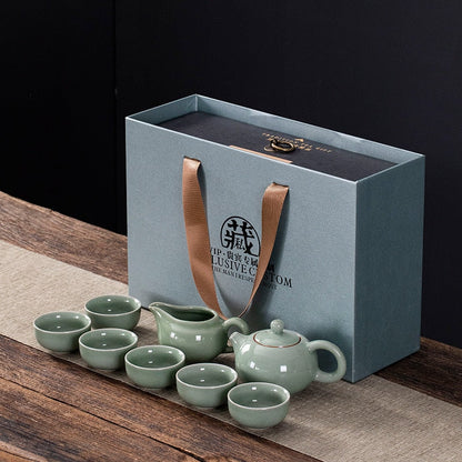 Kreative Geschenke Kung-Fu-Tee-Set, ein Set aus kurzen modernen Eiskeramik-Teekannen, Teeschüssel, Tasse, Geschenkbox, Teekanne und Tassen-Set, chinesisch