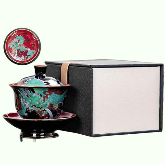 Naga Hijau Cina Gaiwan Wired Enamel Keramik Jucai Tea Bowl Vintage Palace Style Kung Fu Tea Set Hadiah Bisnis Mewah
