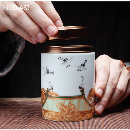 Classic Ceramic Tea Caddy Travel Portable Round Shape Tea Can Spice Tea Boxes Candy Storage Tank Coffee Cani Moisture-proof Jar