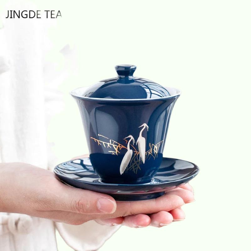 블루 세라믹 가이완 티 컵 휴대용 부티크 개인 티 그릇 뚜껑을 가진 대형 손 잡기 그릇 가정 차 세트 액세서리