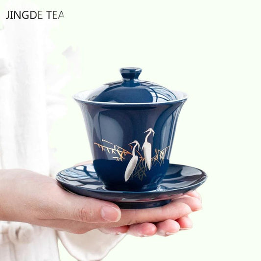 كوب شاي Gaiwan من السيراميك الأزرق، وعاء شاي شخصي قابل للحمل مع غطاء، وعاء كبير للإمساك باليد، ملحقات مجموعة الشاي المنزلية