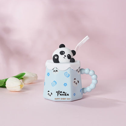 Sevimli çizgi film seramik fincan kupa kapak ve saman yüksek renkli seramik su bardağı ev süt fincanı çay kahve kılıfı seti