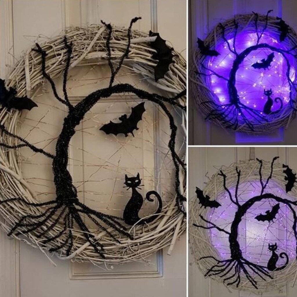 Halloween krans lys opp Accessorie Ornaments Black Bat Cat Spooky Party Wreath With Light Glowing Garland for inngangsdørvegg