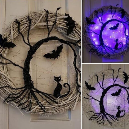 Halloween Wreath Light Up Accessorie Hiasan Hitam Bat Kucing Spooky Wreath Pesta Dengan Light Glowing Garland Untuk Dinding Pintu Depan