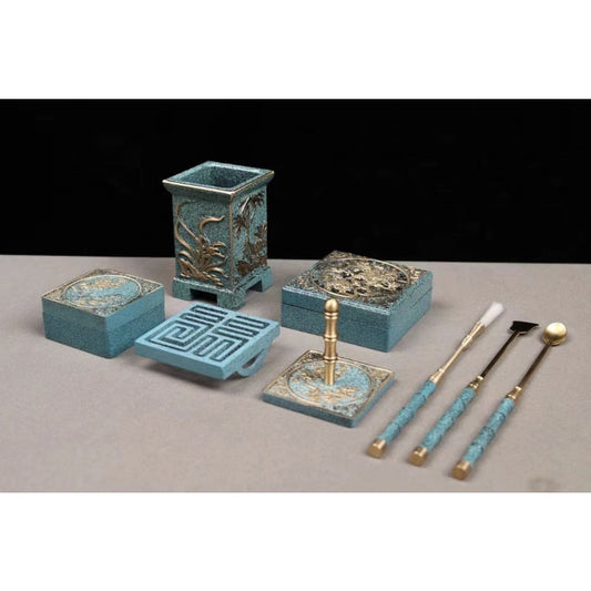 9 Pieces COPPER BURNING Blue Suit Family Bedroom Incense Burner/Seal/Sweep/Press/Scoop/Shovel Aromatherapy Tools and Supplies
