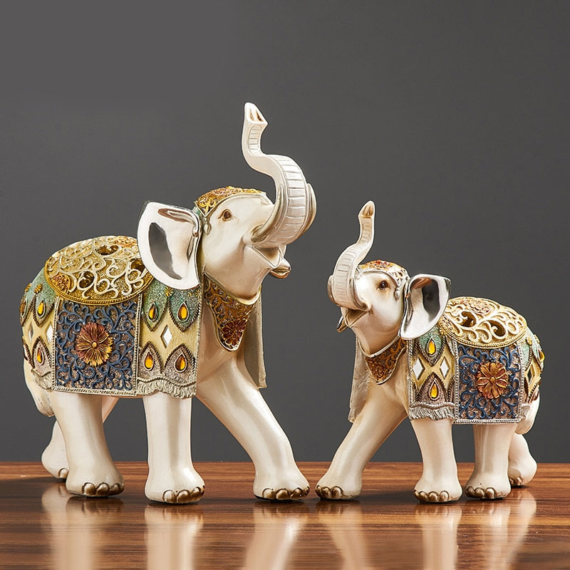 Lucky Elephant estátua Elefante Figuras Resina Escritório Miniaturas Golden Feng Shui Ornamento de elefante Decoração em casa