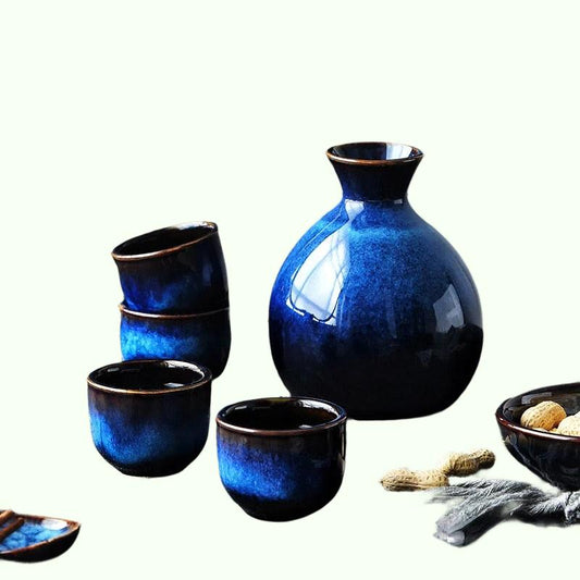 Set anggur kiln-ke-keramik, kiln-to-blue, cangkir anggur retro, dispenser anggur rumah tangga, kendi minuman keras, kendi sake, gelas anggur set