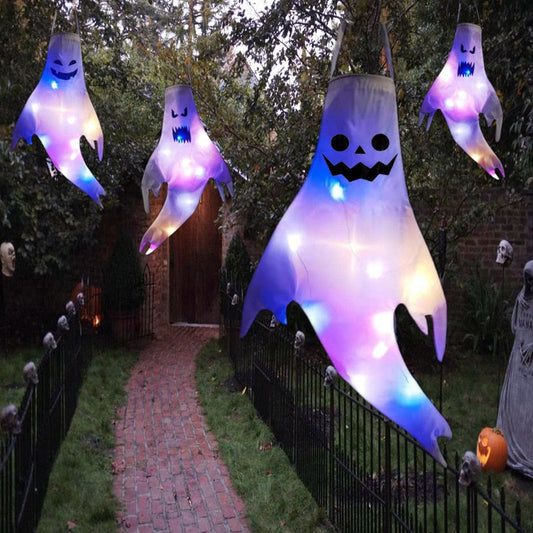 Halloween Ghost Hanging Dengan Led Light Light Spooky Ghost Flag Indoor Outdoor Prop Dekorasi Pohon Liontin Pesta Ornamen Persediaan DIY
