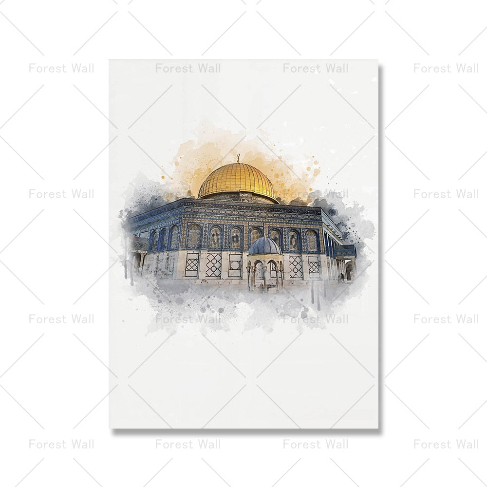 Póster Islámico Lonvas de paisaje Impresión Mescid Aqsa Kaaba Mezquita Nabawi Pintura de arte de pared Bohemia Decoración de la sala del hogar moderno