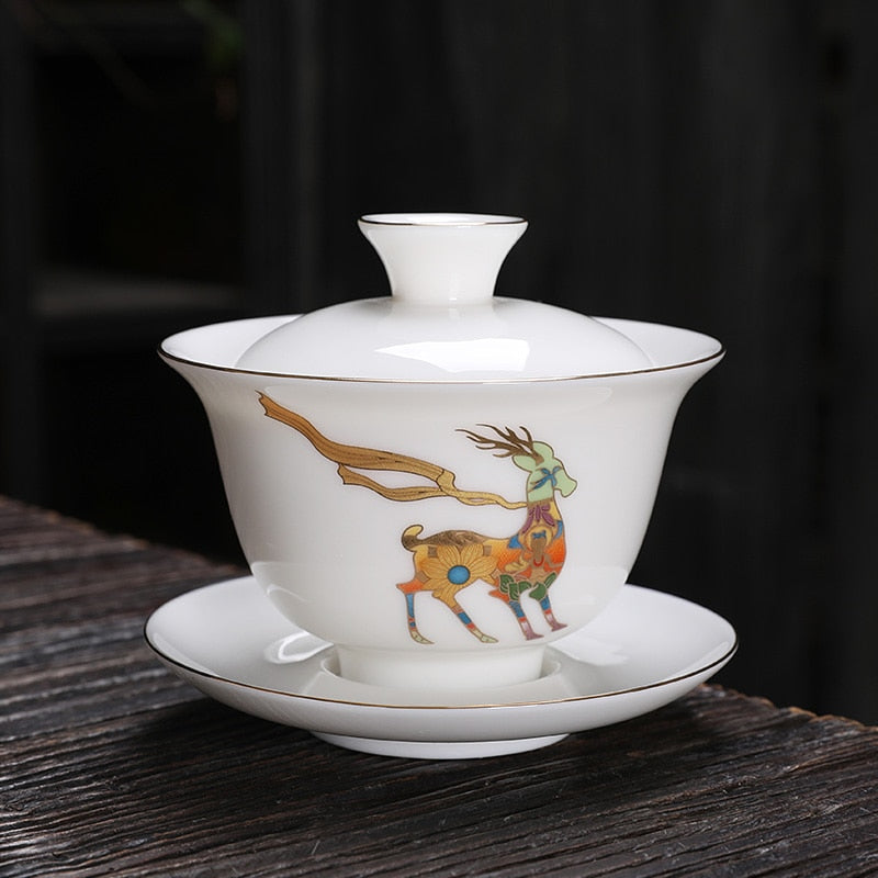 Jingdezhen – service à thé en céramique Gaiwan, porcelaine blanche chinoise, bol à thé, grande capacité, ensemble de soucoupes à thé, machine à thé pour la maison, cadeaux