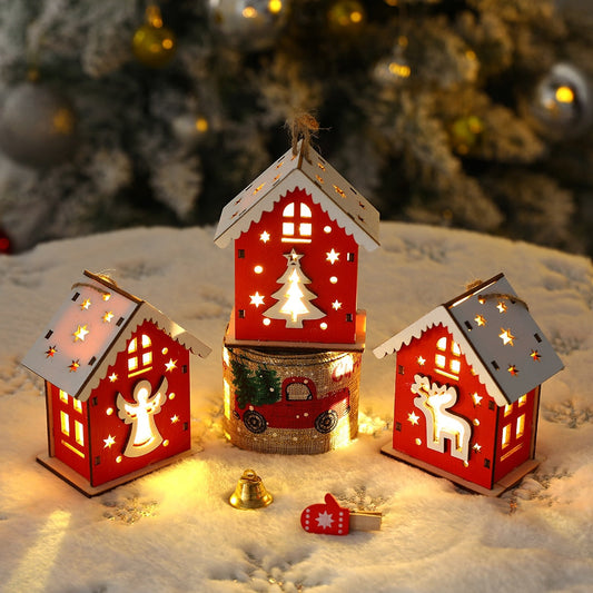 New Christmas Wooden House Liontin Salju Rusa Santa Claus Bear House Lighting Glowing Log Cabin Christmas Decoration Supplies