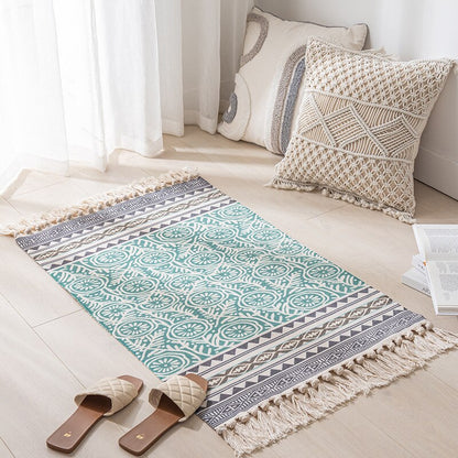 Cotton Linen Woven Vintage Tassels Rug Boho Room Decors Aesthetic Bedrooom Bedside Carpets Living Room Simple Homestay Floor Mat
