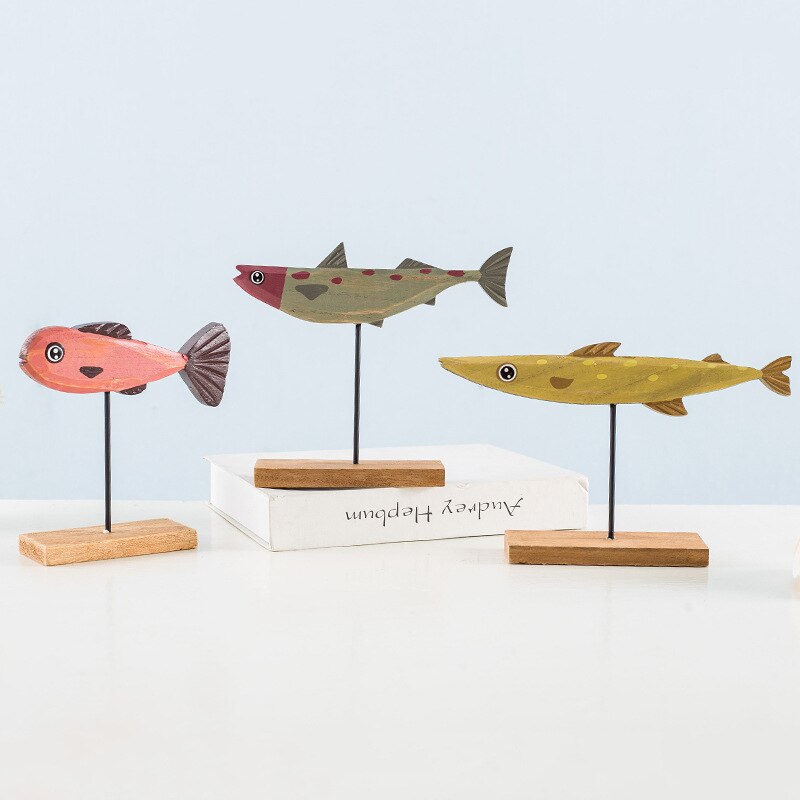 Nordic Wood Fish Patung Hewan Patung Artistik Ruang Tamu Kantor Rumah Dekorasi Handmade Kerajinan Hadiah Liburan