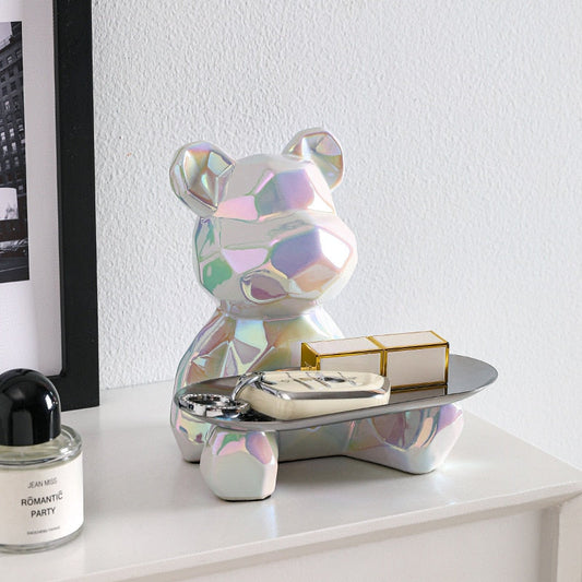 Geometric bentuk patung elektroplating seramik beruang dengan dulang bank piggy, gula -gula, kotak penyimpanan kosmetik, hiasan rak paparan.