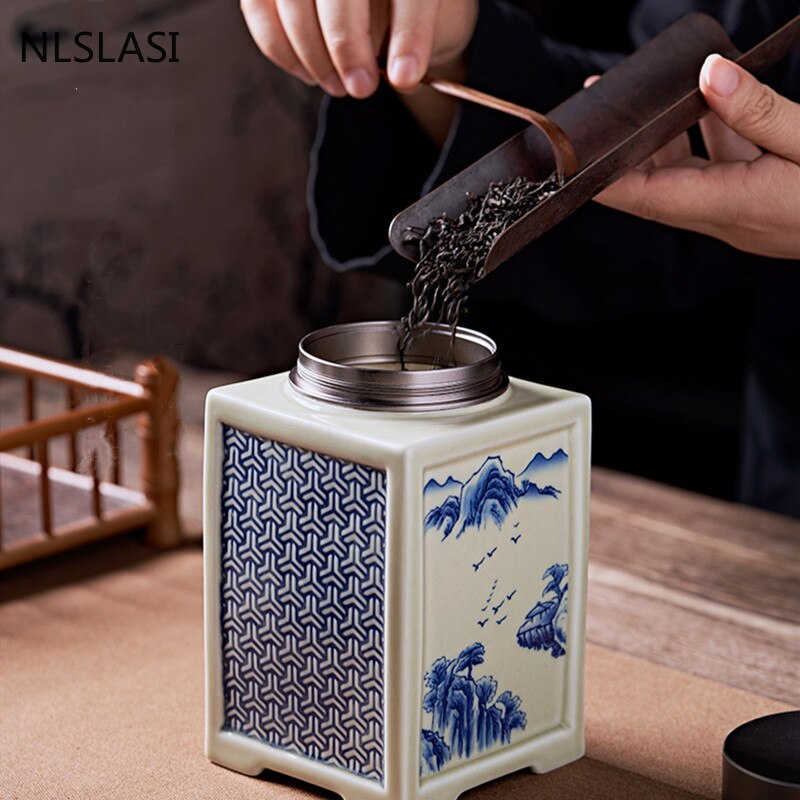 Kinesisk Firkantet Keramik Tea Caddy Oolong Tieguanyin Beholdere Rejse Tepose Forseglet Krukke Kaffebeholder Køkken Spice Organizer
