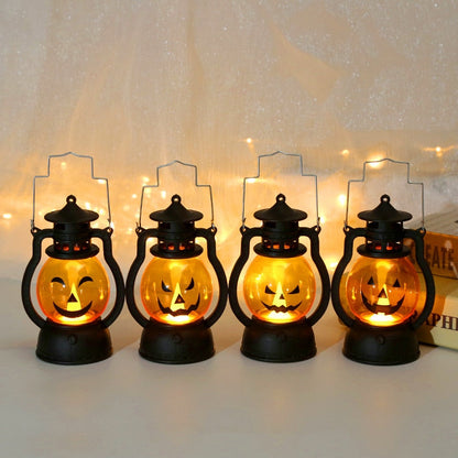 Halloween LED Hanging Pumpkin Lantern Light Ghost Lamp Candle Light Retro Small Oil Lamp Halloween Party Home Decor Horror Props