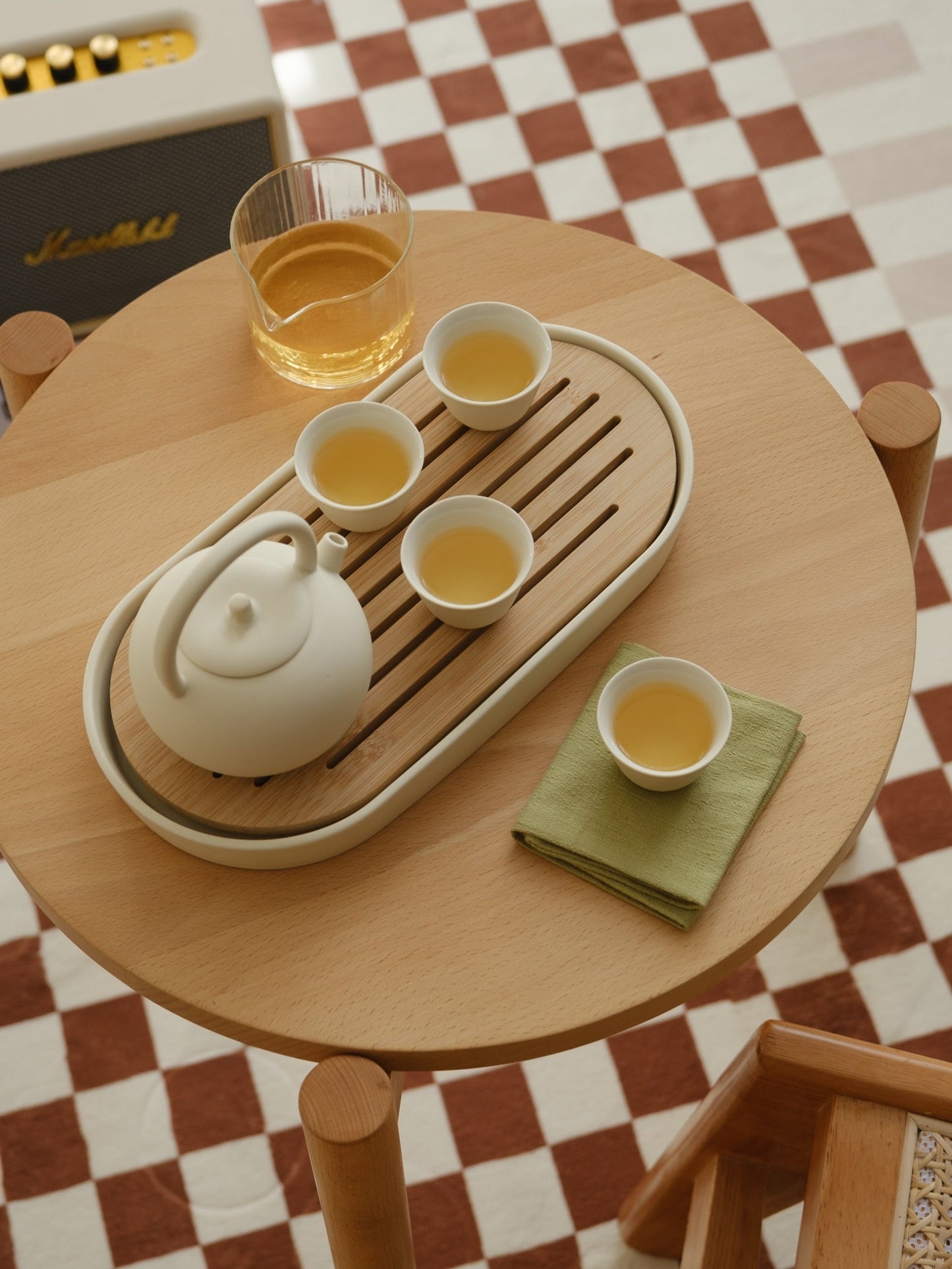 Kungfu Tea Set With Loop Handle Infuser,Warm Matte Cream Glaze,With Bamboo Serving Tray,Birthday/Party Gifts