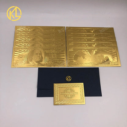 10pcs/lot usa 100 dolar emas foiled platsik rang undang -undang Amerika Syarikat dengan sampul surat untuk hadiah