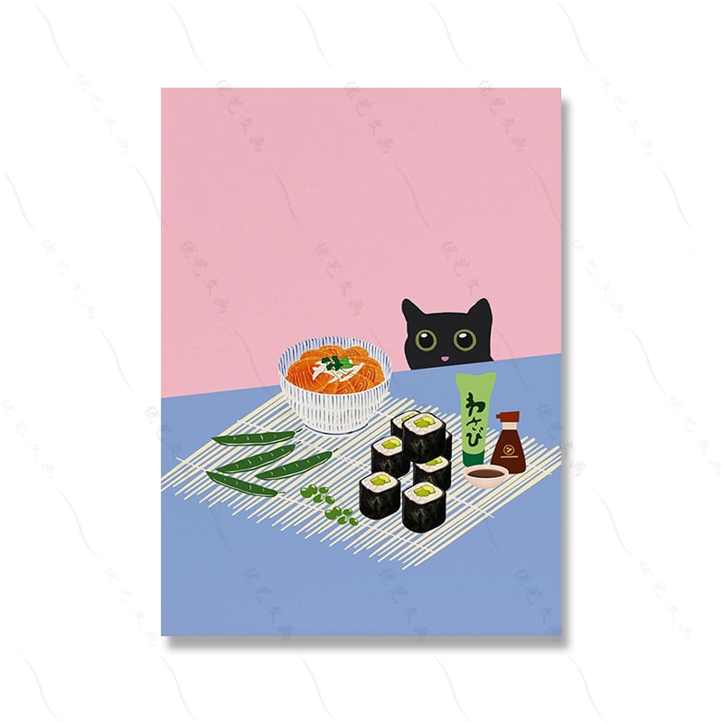 Koreansk mat gata kimchee affisch tryck modern svart katt picknick kök väggkonst duk målning dekor hem påsk barnrum