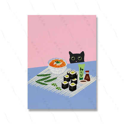 Coreano Food Street Kimchee Póster Impresión Moderna Cat Negro Picnic Cocina Arte de pared de la pared Pintura Decoración Casa de Pascua de Pascua
