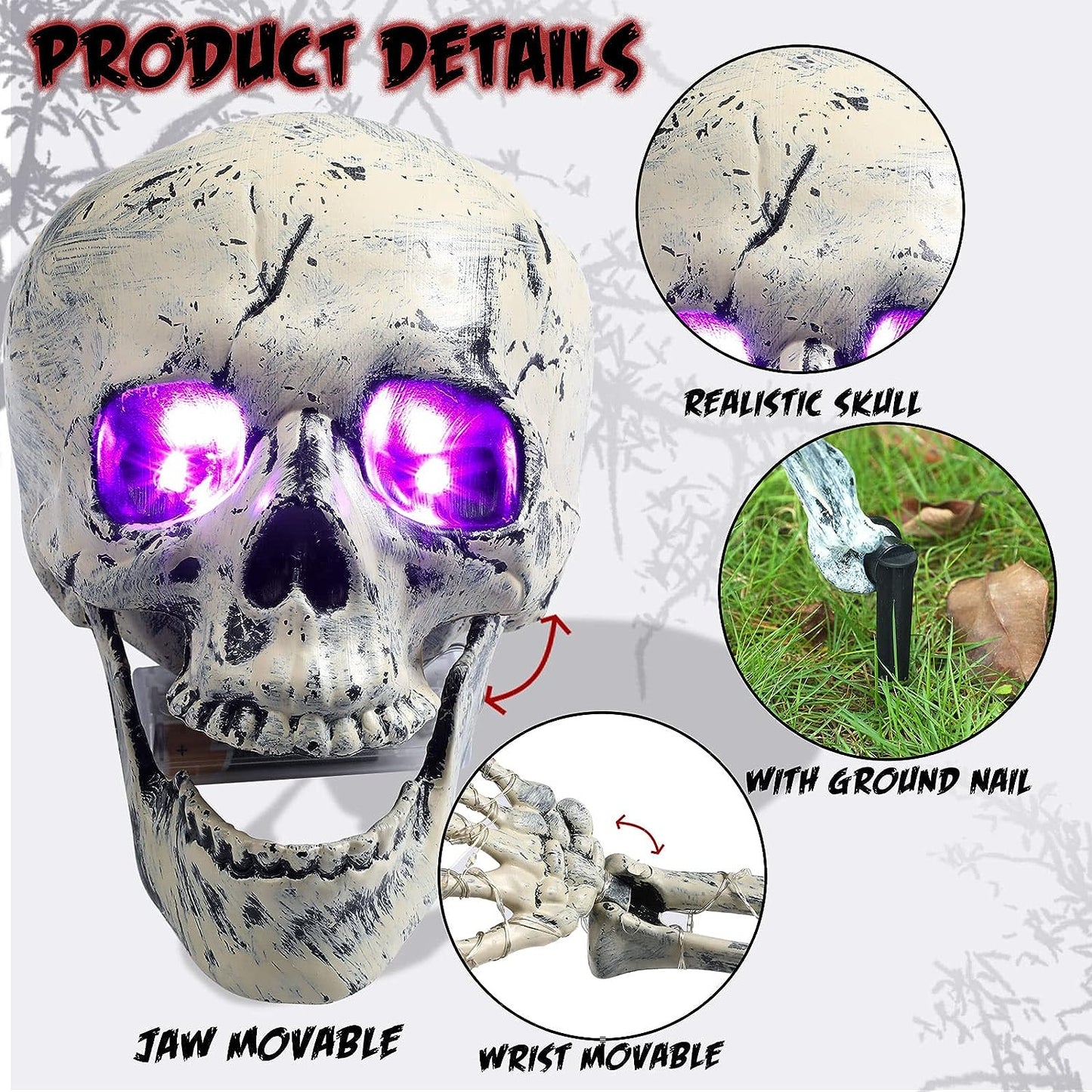 Halloween-LED-Skelett-Pfahl-Dekoration, gruselige Skelette mit Lichtern, Groundbreaker, Hof, Friedhof, Dekoration, realistischer gruseliger Totenkopf 