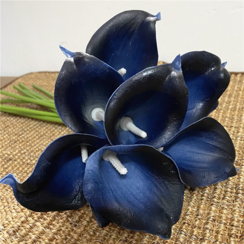 10 marineblaue Calla-Lilien PU-Blumen, die sich echt anfühlen, Hochzeitsdekoration, Blumensträuße, Tafelaufsätze, künstliche Kunstblumen, Heimdekoration 