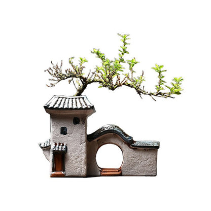 Chinese Antique House Retro Building Ceramic Flower Pot Decoration Garden Bonsai Figurines Miniatures Home Ornaments Free Ship