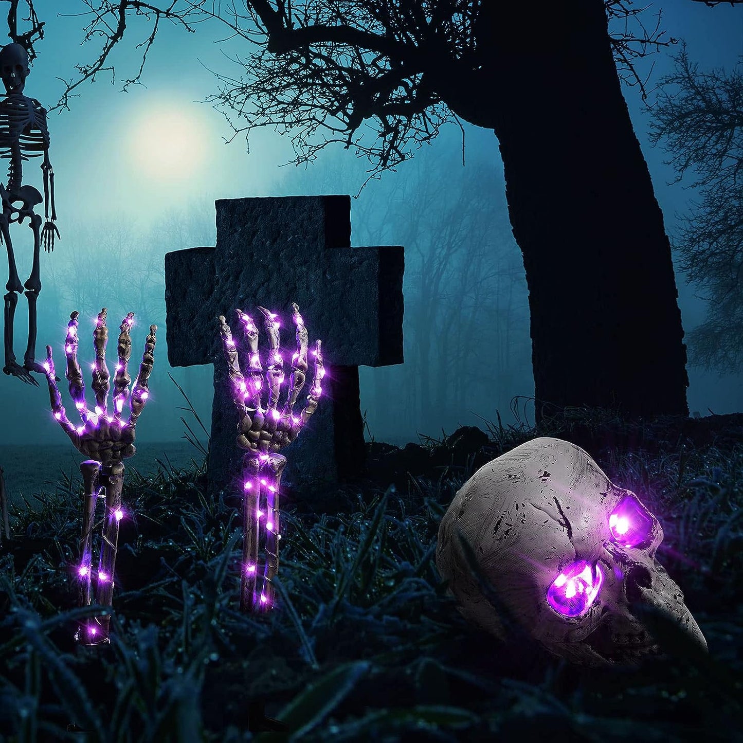ديكور هيكل عظمي LED للهالوين هيكل عظمي مخيف مع أضواء مبتكر ساحة المقبرة ديكور جمجمة مخيفة واقعية