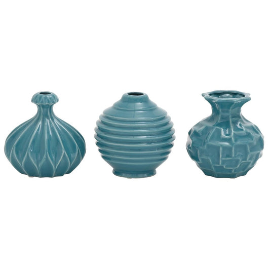DecMode 6"W, 6"H Blue Ceramic Vase with Varying Patterns, Set of 3