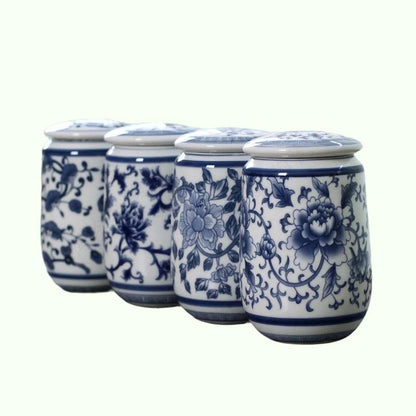 Chinese Palace blått och vitt porslinstekaddy Bärbar keramik förseglade behållare Resa tepåse Förvaringslåda Kaffekanister
