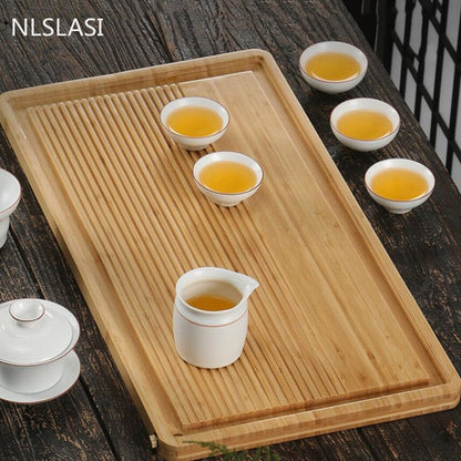 Bandeja de chá de bambu natural chinesa Bandeja de drenagem de água armazenamento de água dupla sala de estar para mesa de chá Acessórios para chá casa Chahai