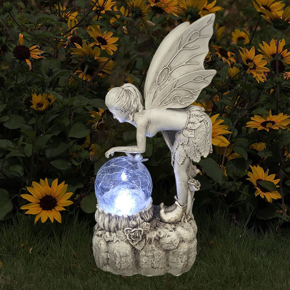Flower Fairy Ornament, Garden Crystal Ball Solar Night Light, Angel Girl Standue, Resin Craft Outdoor Home Decoration Accessories
