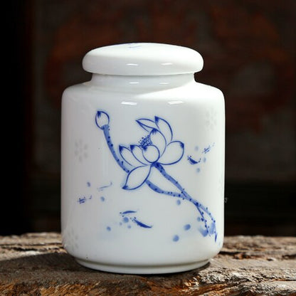 Kinesiskt blått och vitt porslin Keramik Te Caddy Tieguanyin förseglade behållare Resor Tepåse Förvaringslåda Kaffekanister
