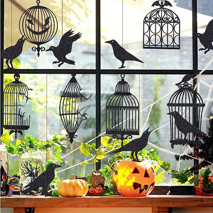 キラキラした黒カラスケージハロウィーンパーティーのゴシックハロウィーンの木の飾り飾り飾りRaven Bird Cage Banner Garland