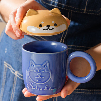 Cute Cartoon Panda Hedgehog Cat Dog Cup With Lid and Ring Handle Ceramic Personalized Animal Mugs For Coffee Tea Milk Funny Gift