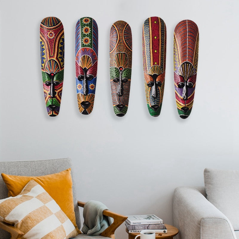 Topeng kayu Wall Hanging Solid Wood Curving Painted Facebook Dinding Dekorasi Bar Dekorasi Rumah Afrika Totem Topeng Kerajinan
