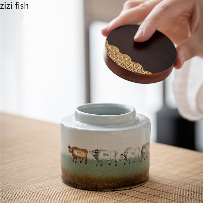 Tea ceramica Caddy a 2 pezzi Set di articoli regalo Copertura in legno Copertina Serbato