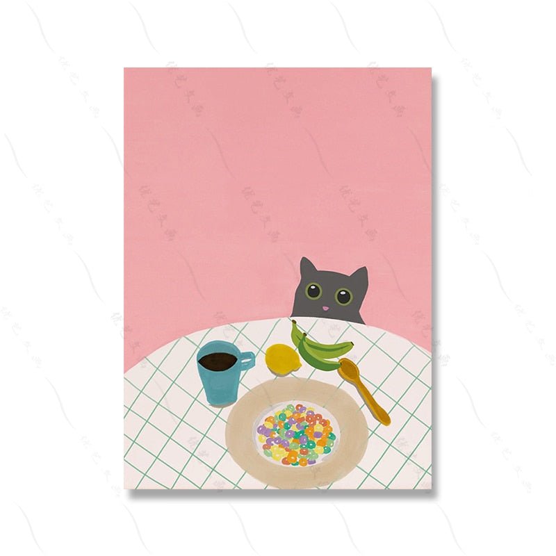 한국 푸드 스트리트 김치 포스터 프린트 현대 검은 고양이 피크닉 부엌 벽 예술 캔버스 그림 장식 홈 부활절 건축 방