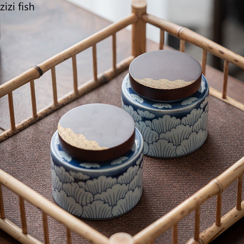 Caddy de té de cerámica Caja de regalo de 2 piezas Cubierta de madera Tanque de almacenamiento Frasco sellado Caja de té de té Recipe de té