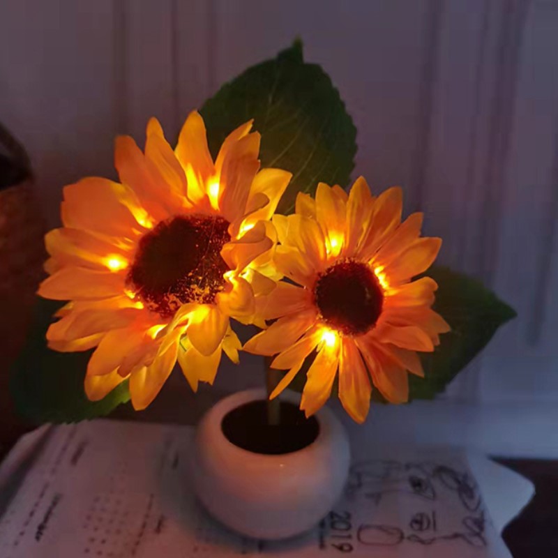 LED Sunflower Bouquet Night Light Simulation Bunga Atmosfer Meja Romantik Romantik Bedside Lampu Bunga Hadiah Kafe Rumah Hiasan
